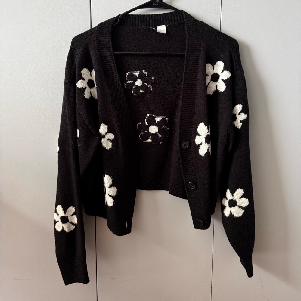H&M Black Cardigan with White Floral Design